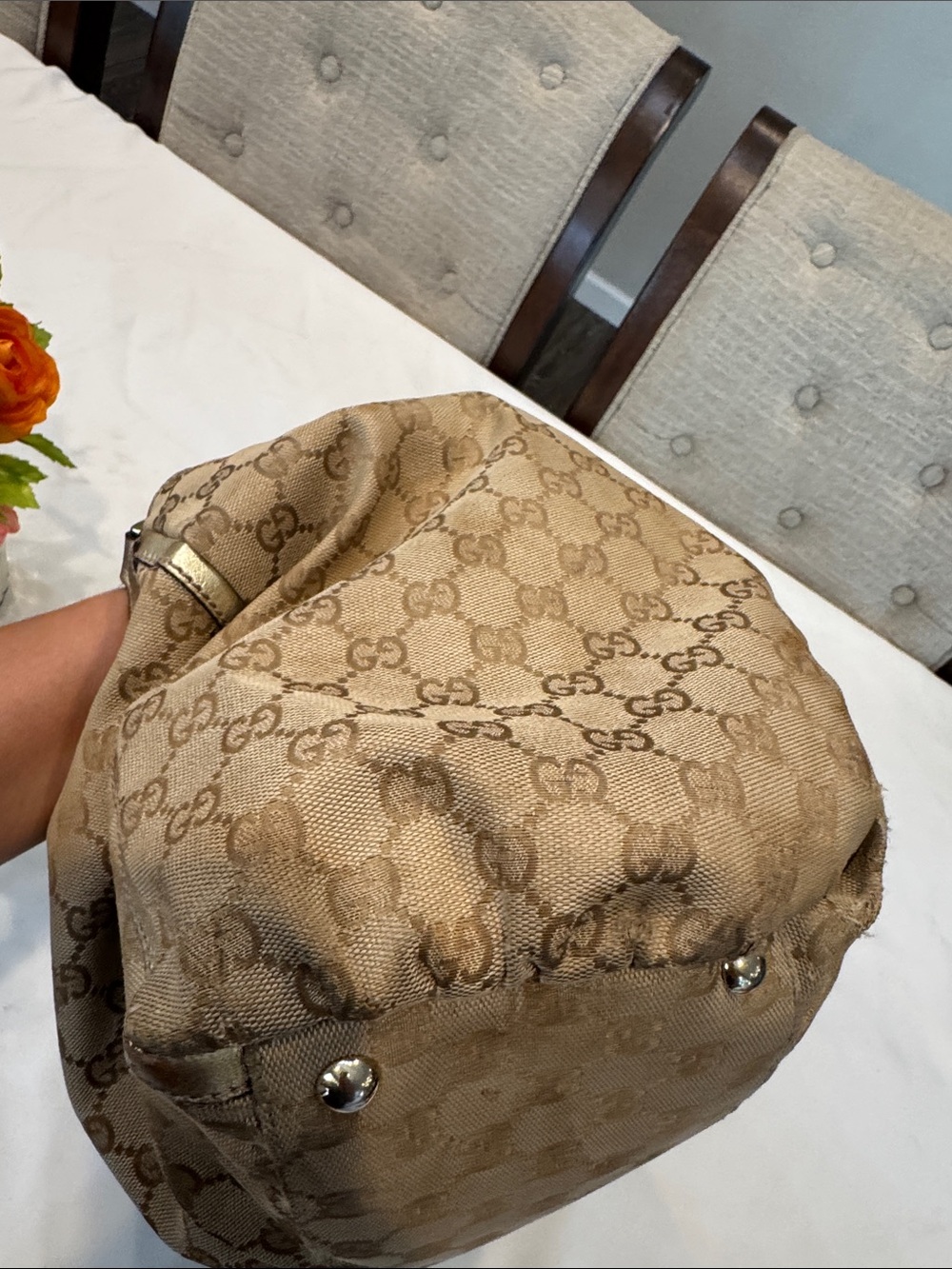 Authentic Gucci Tan GG Monogram Shoulder Bag with Metallic Trim - Picture 4 of 14